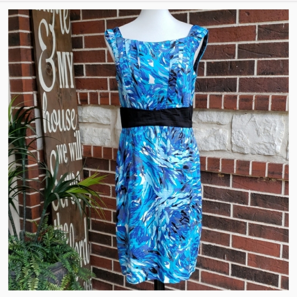 Maggy London Sheath Midi Blue Black White Dress